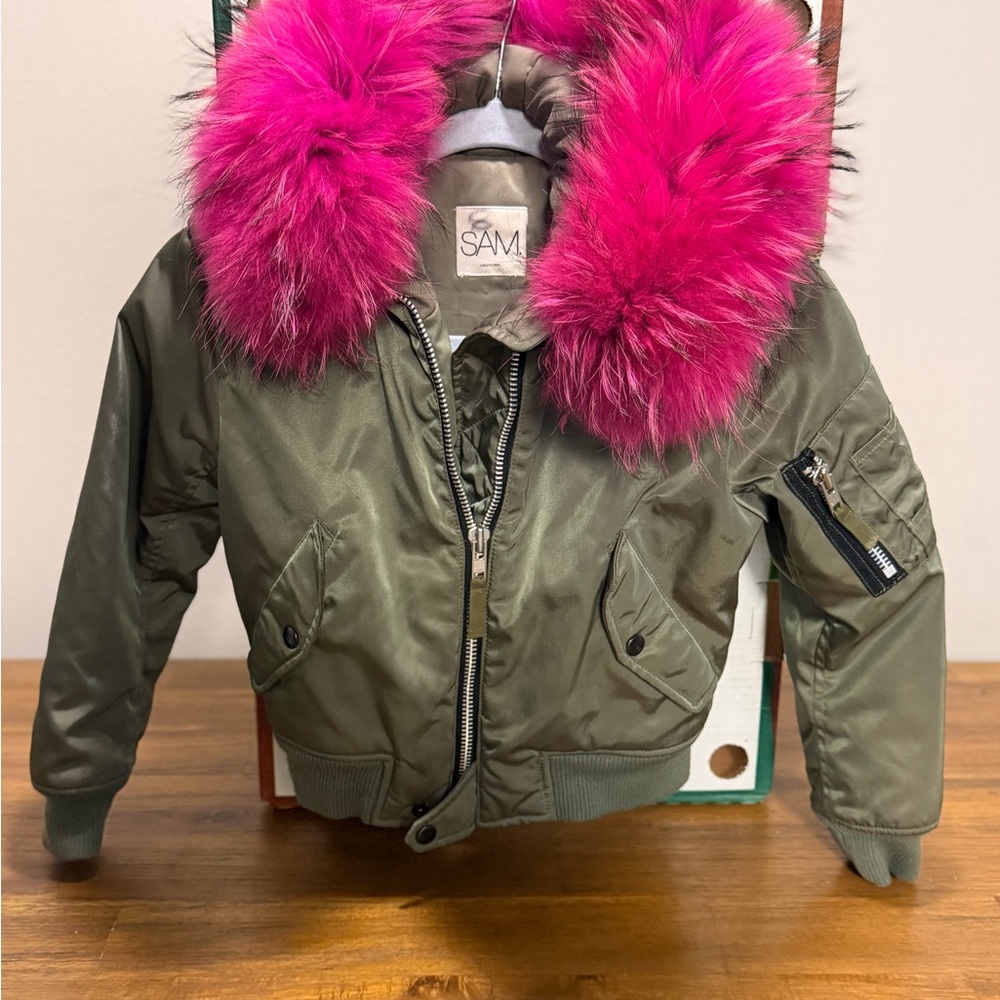 SAM Olive Green Bomber with Hot Pink Fur Hood Trim